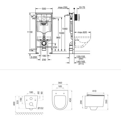 HOMELIKE ZESTAW GROHE 4 w 1 + przycisk chrom prostokątny + miska WC Loso