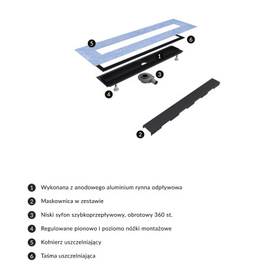 OMNIRES LOWFIX PRYSZNICOWY ODPŁYW LINIOWY, 60 CM LOWFIX60/G/BL