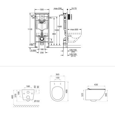 HOMELIKE ZESTAW GROHE 4 w 1 + przycisk złoty prostokątny + miska WC Sofi slim