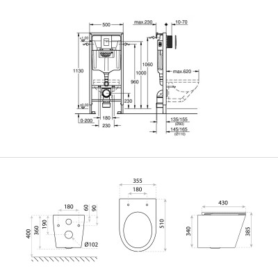 HOMELIKE ZESTAW GROHE 4 w 1 + przycisk złoty prostokątny + miska WC Galve 3.0 tornado