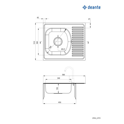 Deante Techno zlewozmywak stalowy 58x51 cm wpuszczany stal satynowa ZMU0113