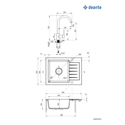 Deante Zorba zlewozmywak granitowy 58x44 cm z baterią kuchenną Nemezja szary metalik ZQZAS11A