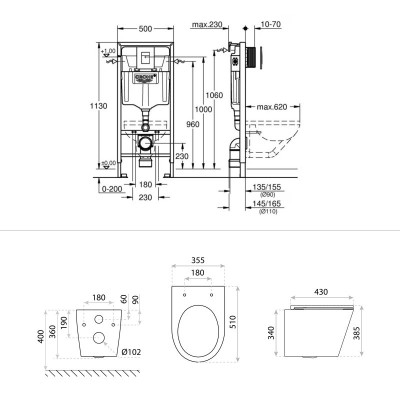 HOMELIKE ZESTAW GROHE 4 W 1 + przycisk złoty szczotkowany prostokątny + miska WC Galve 3.0 tornado