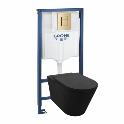 HOMELIKE ZESTAW GROHE 4 W 1 + przycisk złoty szczotkowany prostokątny + miska WC Versoni black 3.0 tornado