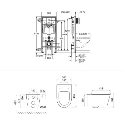 HOMELIKE ZESTAW GROHE 4 W 1 + przycisk złoty szczotkowany prostokątny + miska WC Versoni black 3.0 tornado